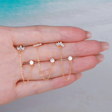 Chain Stud Earrings With Zircon Geometric Petal Crown Design Stainless Steel Earring Post Jewelry For Women Fashion
