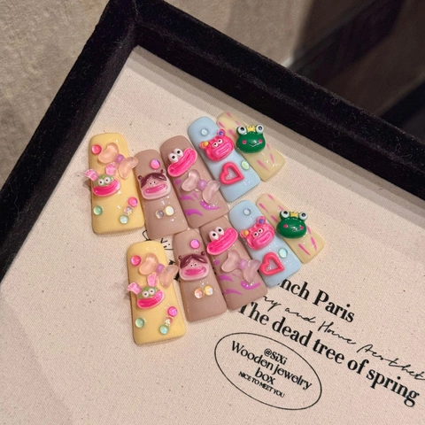 Handmade 3D Press On Nails Resin Cartoon Duckbill Shape Dopamine Colorful Graffiti Fake Nails With Rhinestones