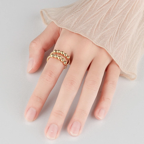 Bague Anti Anxiété Pour Femme Double Couche Cuivre Perles Rotatives Fidget Ring Réglable Bijoux Décompression
