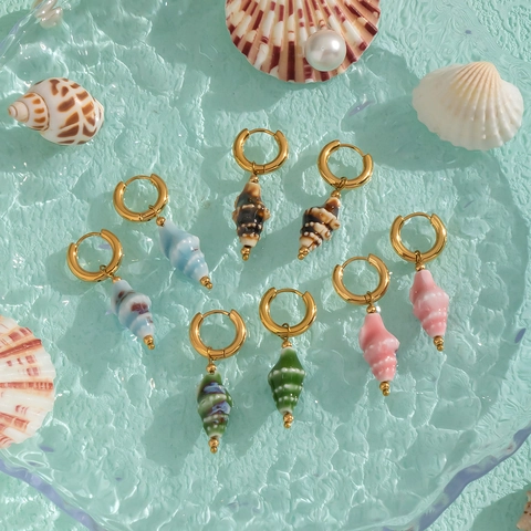 Conch Shell Hoop Earrings For Women Stainless Steel Gold Plated Ocean Style Waterproof Summer Beach Vacation Jewelry