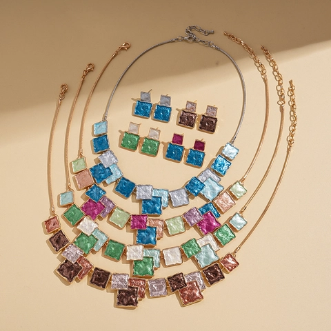 Geometric Square Necklace And Earrings Alloy Colorful Enamel Ethnic Retro Jewelry For Women