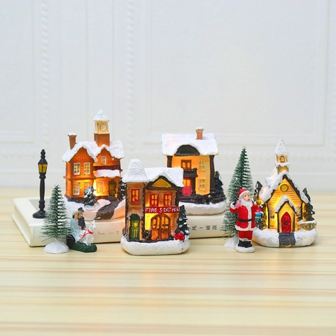 LED Glowing Christmas Village Miniature Houses Resin Snow Scene Cottages For Holiday Home Desktop Table Decoration Gift