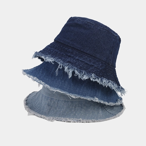 Vintage Frayed Raw Edge Denim Bucket Hat For Women Solid Color Washed Cotton Sun Protection Outdoor Casual Basin Hat