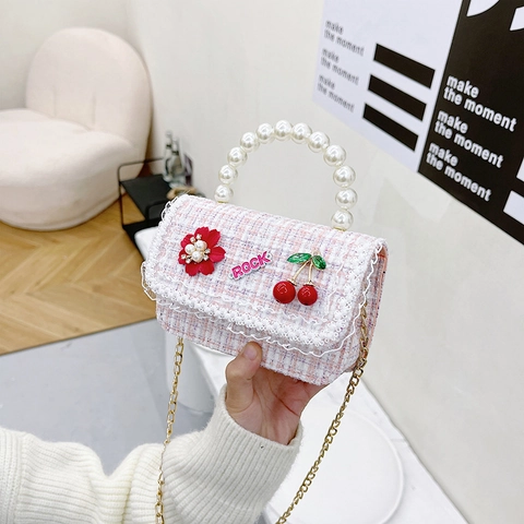 Kids Girls Mini Crossbody Bag Tweed Artificial Pearl Handle Bowknot Metal Chain Sweet Princess Fashion Accessory