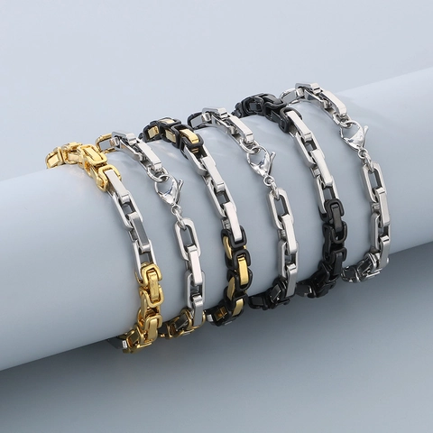 Men Byzantine Chain Bracelet Stainless Steel Square Link Two-Tone Punk Rock Jewelry Accessory With Lobster Clasp