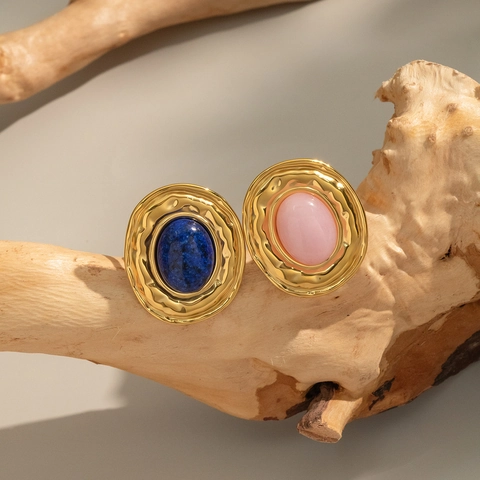 Edelstahl Natur Lapislazuli Ring Für Damen Französisch Retro Gehämmert Oval Stein Verstellbare Offene Band Wasserdicht Schmuck