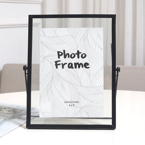 Cadre Photo Rotatif En Métal Minimaliste Géométrique Flottant Double Face En Verre Support D'Image Décoration De Bureau