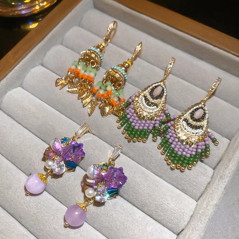 Bohemian Ethno Quasten Ohrringe Mit 925 Sterling Silver Earring Post Zirkon Glasperlen Blattanhänger Retro Schmuck