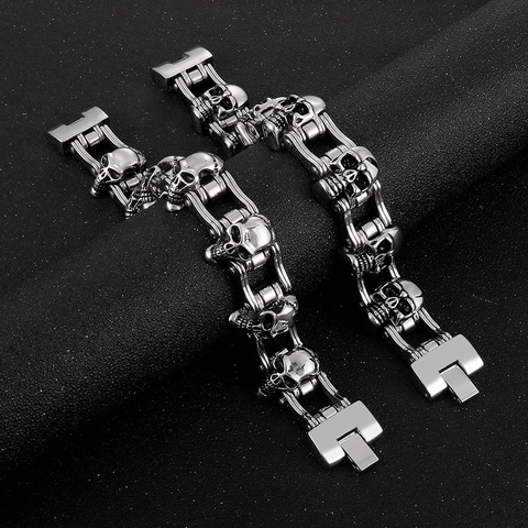 Bracelet Crâne Homme Acier Inoxydable 316L Rétro Biker Chaîne Mécanique Hip Hop Punk Gothique Bijoux Style Heavy Metal