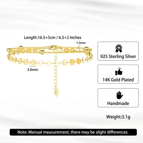 Bracelet Double Couche En Argent Sterling 925 Paillettes Rondes Perles Bijoux Minimalistes Délicats Pour Femmes Cadeau Élégant