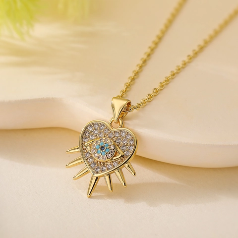 Evil Eye Anhänger Halskette Kupfer Vergoldet Mit Blauem Klarem Zirkon Herz Stern Geometrischer Schmuck Für Damen Mode