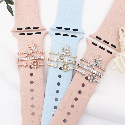 Christmas Smartwatch Strap Decorative Rings Charms Set Santa Claus Elk Snowflakes Rhinestone Alloy Watch Band Accessories