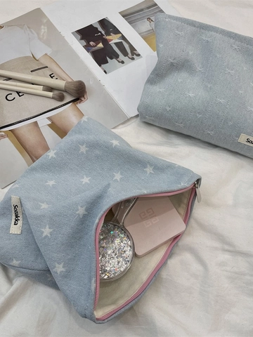 Trousse De Maquillage En Jean Motif Étoile Nœud Pochette De Rangement Voyage Organisateur De Toilette Pour Femmes