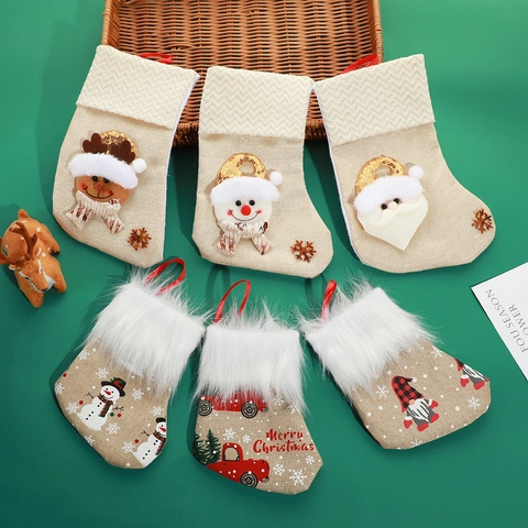 Calze Di Natale Decorazione Lino Pelliccia Sintetica Babbo Natale Pupazzo Di Neve Renna Camion Albero Regalo
