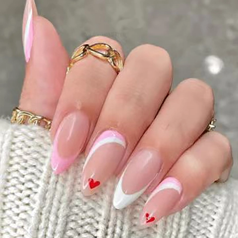Uñas Postizas Press On Corazón Rojo Francés Forma Almendra Degradado Rosa Blanco Elegante Dulce Uñas Artificiales