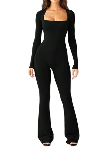 Women Sexy Jumpsuit Square Neck Long Sleeve Slim Fit High Elastic Flared Leg Bodysuit Elegant Solid Color