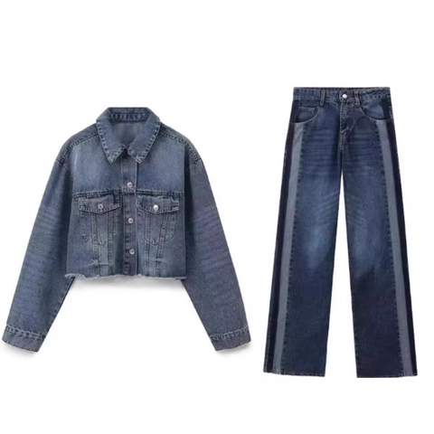 Damen Denim Jacke Und Weite Hose Passendes Outfit Streetwear Ausgefranster Saum Gewaschen Lässig Stilvoll