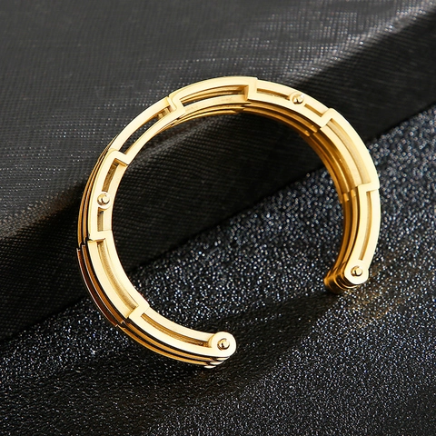 Men Open Cuff Bracelet 316L Stainless Steel Three Layer Hollow Geometric Rock Punk Industrial Style Minimalist Jewelry