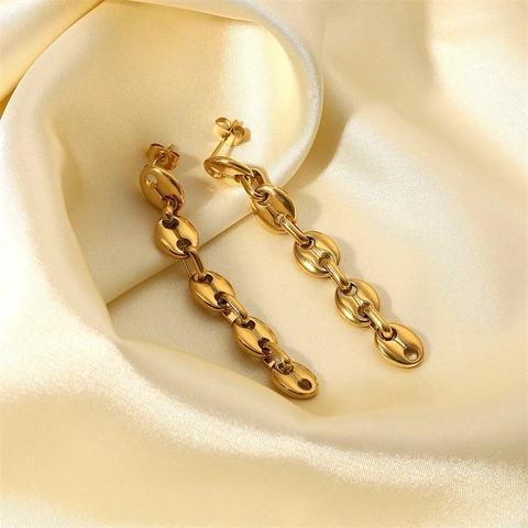 Niche Ins Style Light Luxury Stainless Steel Coffee Bean Long Chain Drop Earrings For Women Gold Plated Marina Chain Earrings Jewelry