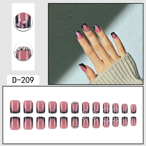 French Press On Nails Pink Black Edge Square Artificial Nails Hand Painted Flower Rhinestone Chic Fake Nails For Women