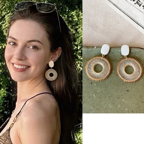 Bohemian Round Woven Drop Earrings With 925 Sterling Silver Earring Post Copper Hollow Geometric Jewelry For Women