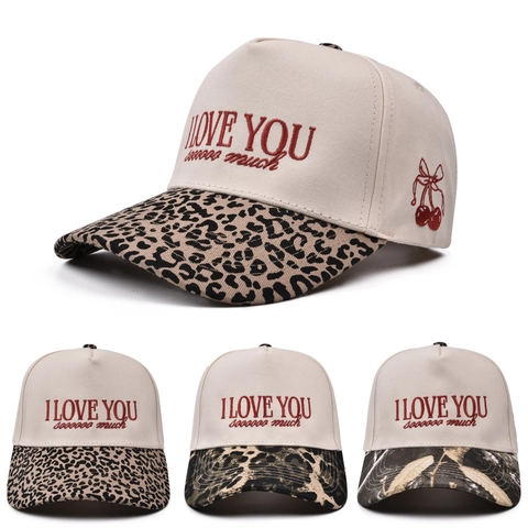 Cappello Da Baseball Vintage In Cotone Con Tesa Leopardata E Ricamo Lettere Ciliegie Regolabile Chic Casual
