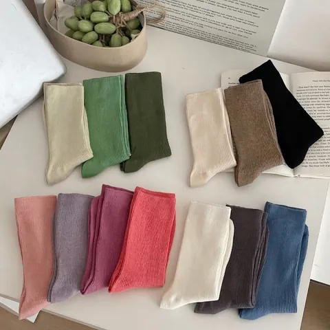 Damen Crew Socken Gekämmte Baumwolle Einfarbig Rippstrick Lässig Atmungsaktiv Japanischer Stil Weiche Mittelhohe Socken