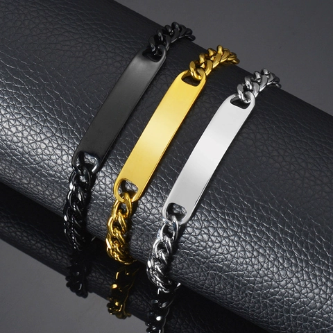 Stainless Steel ID Curb Chain Bracelet High Polished Rectangular Bar Adjustable Minimalist Punk Jewelry Men Women