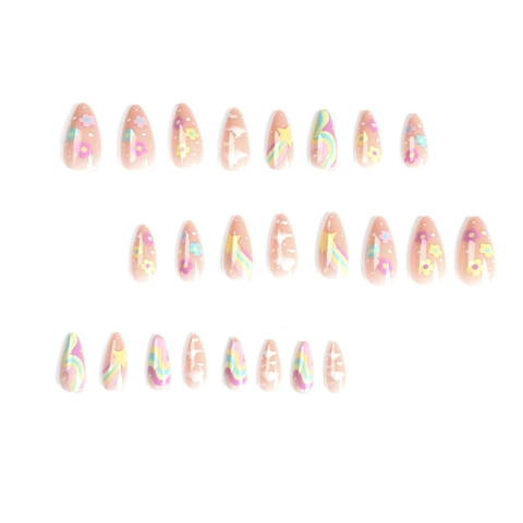 Uñas Postizas Forma Almendra Diseño Arcoíris Nube Flor Estrella Dulce Colorido Uñas Artificiales Para Mujeres Niñas