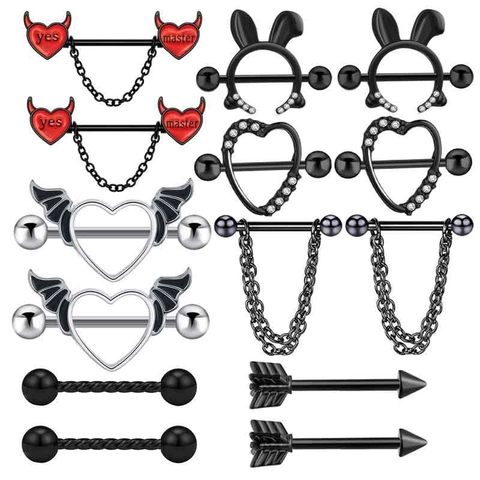 Stainless Steel Heart Nipple Piercing Ring For Women Men Chain Body Jewelry Punk Gothic Nipple Barbell Piercing Rhinestone Decor