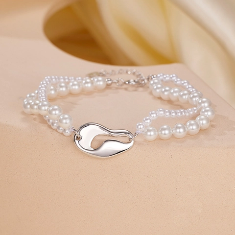 Layered Shell Artificial Pearl Bracelet 925 Sterling Silver Coffee Bean Link Heart Charm Adjustable For Women Elegant