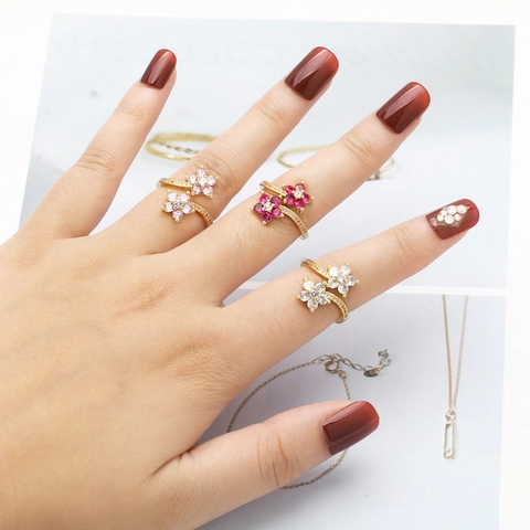 Mode Doppel Blume Kupfer Zirkonia Offener Ring Für Damen Verstellbar Gold Überzogen Minimalistisch Floral Finger Ring Schmuck