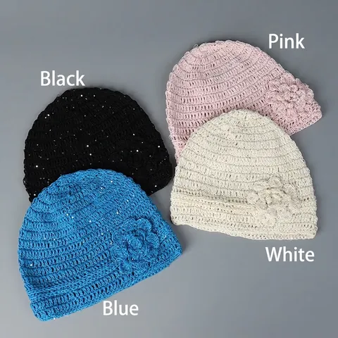 Bonnet Crochet En Fil De Coton Fleur De Camélia 3D Paillettes Brillantes Respirant Élégant Chaud Hiver Pour Femmes
