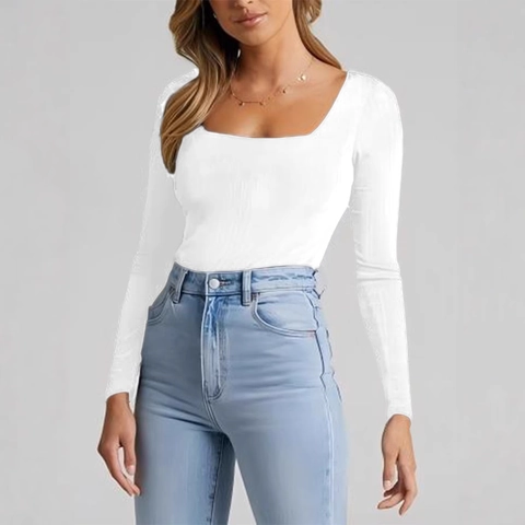 Women Long Sleeve Bodysuit Square Neck Solid Color Ribbed Slim Fit High Stretch Yoga Leisure Jumpsuit Top