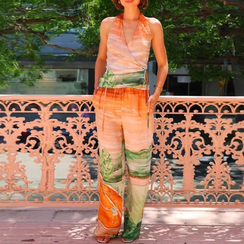 Halter Top En Wijde Broek Dames Polyester Landschap Print V-Hals Hoge Taille Zomer Vakantie Streetwear