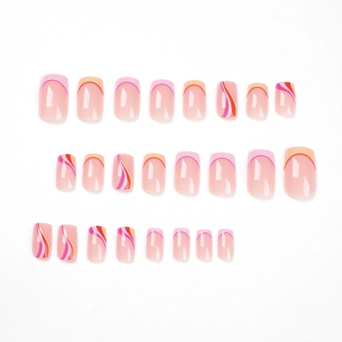 Abstract Wave Pattern Press On Nails French Style Square Shape Pink Orange Glossy False Nails For Women Girls