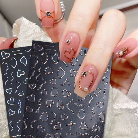 3D Laser Gold Rose Gold Nagelaufkleber Herzen Wellenlinien Französischer Stil Maniküre Dekoration Selbstklebend
