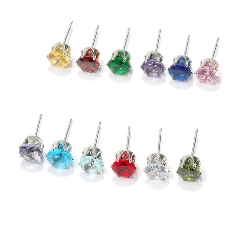 Unisex Titanium Steel Stud Earrings With Colorful Round Cubic Zirconia Six-Claw Inlaid Sparkling Fashion Ear Bone Jewelry