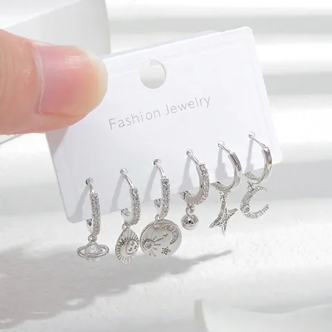 Himmlische Stern Mond Planet Kupfer Creolen Mikro Pave Zirkon Asymmetrische Ohrklemmen Damen Schmuck