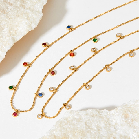 Stainless Steel Round Cubic Zirconia Station Necklace Colorful Bead Chain Jewelry Gift For Women