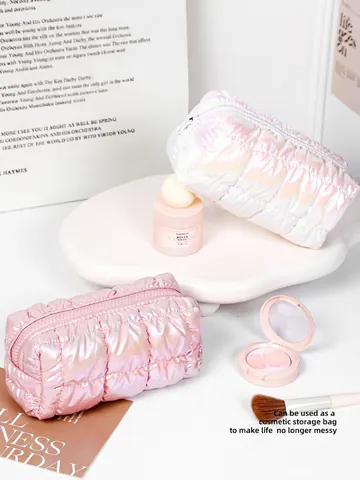 Iridescent Quilted Makeup Bag Puffy Grid Cosmetic Pouch Water Resistant Travel Toiletry Organizer Case For Women Girls