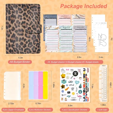 A6 Budget Binder Planer PU Leder Leopard Print Loseblatt Geldtaschen Notizbuch Geldsparen Organizer