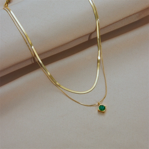 Layered Necklace Gold Plated Stainless Steel Green Square Gemstone Pendant Snake Link Chain Elegant Jewelry Women