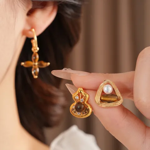 Vintage Tiger Eye Artificial Pearl Earrings With Silver Earring Post Gold Plated Flower Wu Lou Triangle Elegant Jewelry For Women