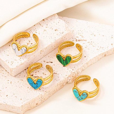 Heart Adjustable Ring 304 Stainless Steel Synthetic Turquoise Malachite Marble Stone Inlay Vintage Bohemian Style Jewelry