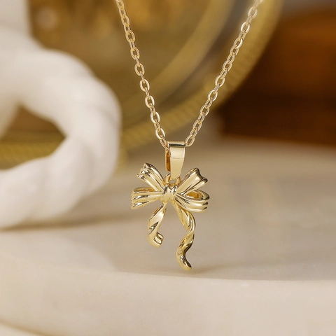 Elegante Collana Con Ciondolo A Fiocco Ottone Con Zircone Catena Per Clavicola Dolce Minimalista Per Donna Gioielli Di Moda
