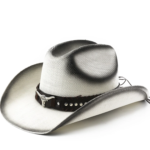 Western Cowboy Straw Hat With Metal Bull Head Leather Band Rivets Wide Brim Sun Protection Ethnic Style Party Accessory