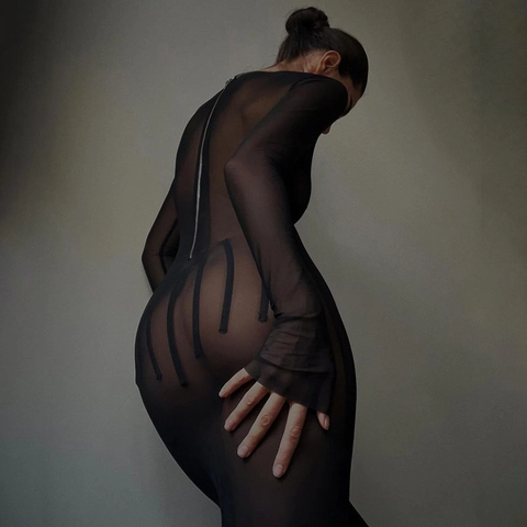 Sexy Mesh Transparentes Langarm Maxikleid Schlankheitsform Bodenlang Hohe Taille Durchsichtig Clubwear Für Damen