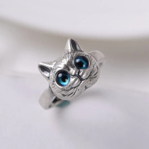 Retro 3D Tier Ring Vintage Kupfer Verstellbar Offener Finger Schmuck Blauäugige Katze Grünäugige Schlange Punk Stil Für Damen Herren