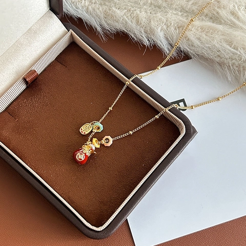 Collana Pendente Borsa Della Fortuna Placcata Oro Rame Smalto Zircone Rosso Fascino Stile Cinese Gioielli Donna